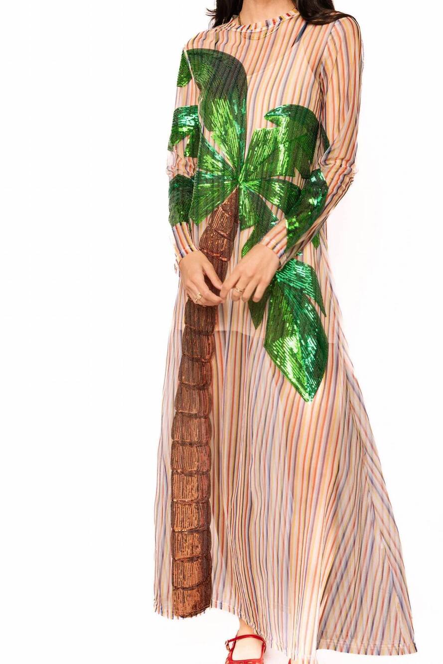 NEW QUEEN OF SPARKLES long sleeve palm tree sheer coverup in rainbow stripe